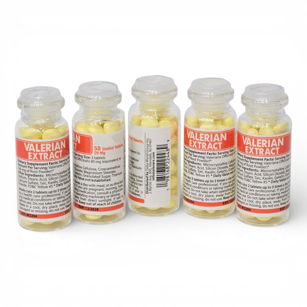 Valerian Root Extract, 5 Glass Bottles, 50 Coated Tablets Each Bottle (20mg), 250 Tablets