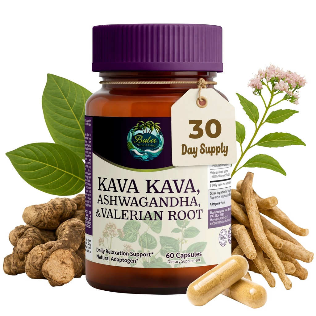 Bula Natural Kava Kava Capsules - Natural Relaxation Adaptogen Blend - Kava Extract - Ashwagandha & Valerian Root - Vegan, Non-GMO, Gluten-Free - Stress Relief & Mood Support (60 Kava Capsules)