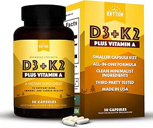 Natural Rhythm Vitamin D3 + K2 (MK7) Plus Vitamin A, for Bone, Heart, & Immune Health, 30 Capsules