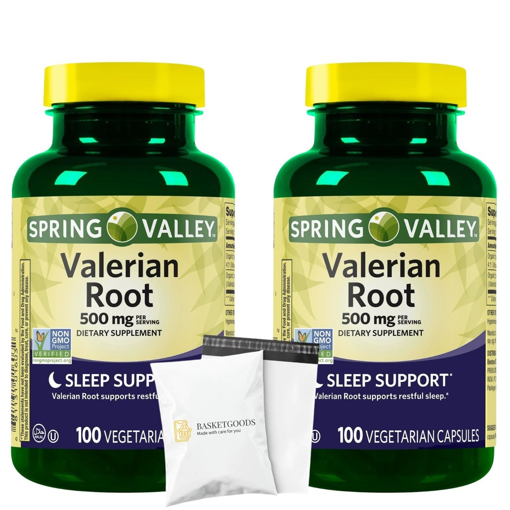 Spring Valley Valerian Root 500mg- Vegan Capsules 100 Ct (Pack of 2), Set by Basket Goods
