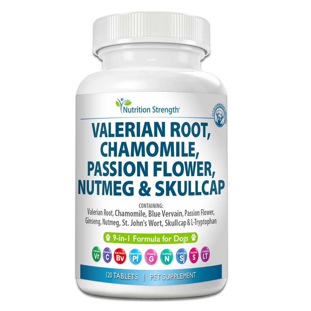 9-in-1 Valerian Root for Dogs 200mg, Chamomile 160mg, Blue Vervain, Passion Flower, Ginseng, Nutmeg, St John's Wort, L-Tryptophan for Dog Stress Relief & Calming, 120 Tablets