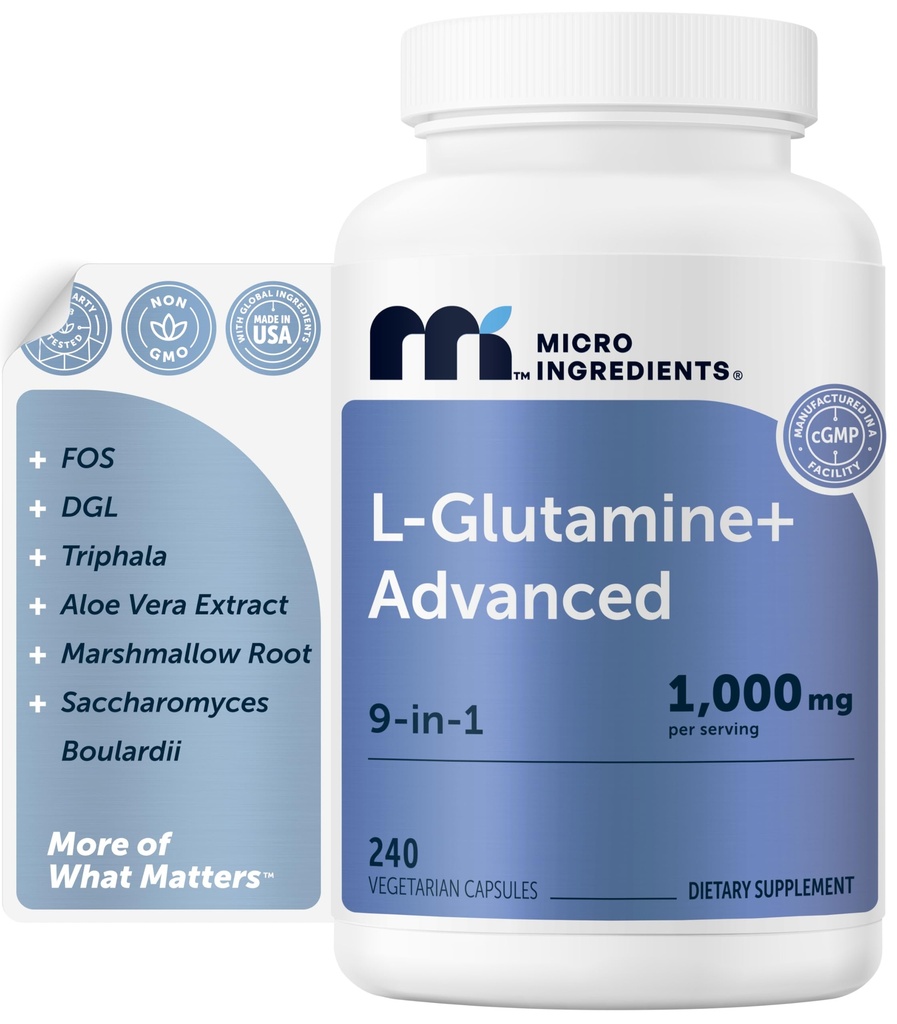 Micro Ingredients L-Glutamine+ Advanced 1000mg Per Serving, 240 Vegetarian Capsules | 9-in-1 Amino Acid Supplement with FOS Fiber, Probiotics, Aloe Vera, DGL & Marshmallow Root | Non-GMO, Gluten Free