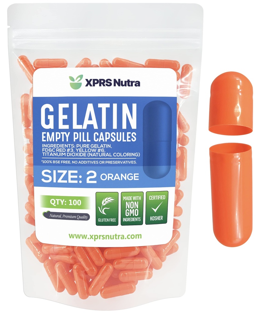 XPRS Nutra Μέγεθος 2 Κενές κάψουλες - 100 Count Empty Gelatin Κάψουλες - Χάπια DIY Καψάκιο Γέμισμα - Καθαρά καπάκια τζελ Μπόβιν Χάπια για Do-It-Yourself Συμπληρώματα (Orange)
