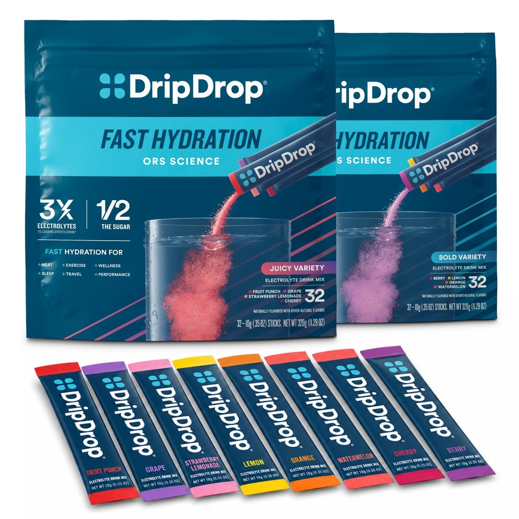 DripDrop Hydration - Ηλεκτρολυτές Powder Packets - Καρπούζι, Μπέρι, Λεμόνι, Πορτοκάλι, Φρούτα Punch, Σταφύλι, Λεμονάδα φράουλα, Τσέρι - 64 Count