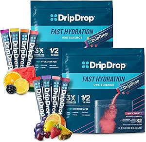 DripDrop Hydration - Electrolyte Powder Packets - Watermelon, Berry, Lemon, Orange, Fruit Punch, Grape, Strawberry Lemonade, Cherry - 64 Count