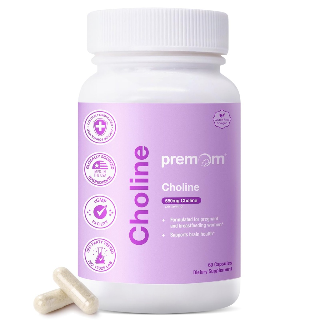 Premom Prenatal Choline Supplements, 550mg Choline Bitartrate, Supports Baby Brain Health & Cognitive Development + Pregnancy & Postpartum Breastfeeding Support for Women*, 60 Veggie Capsules