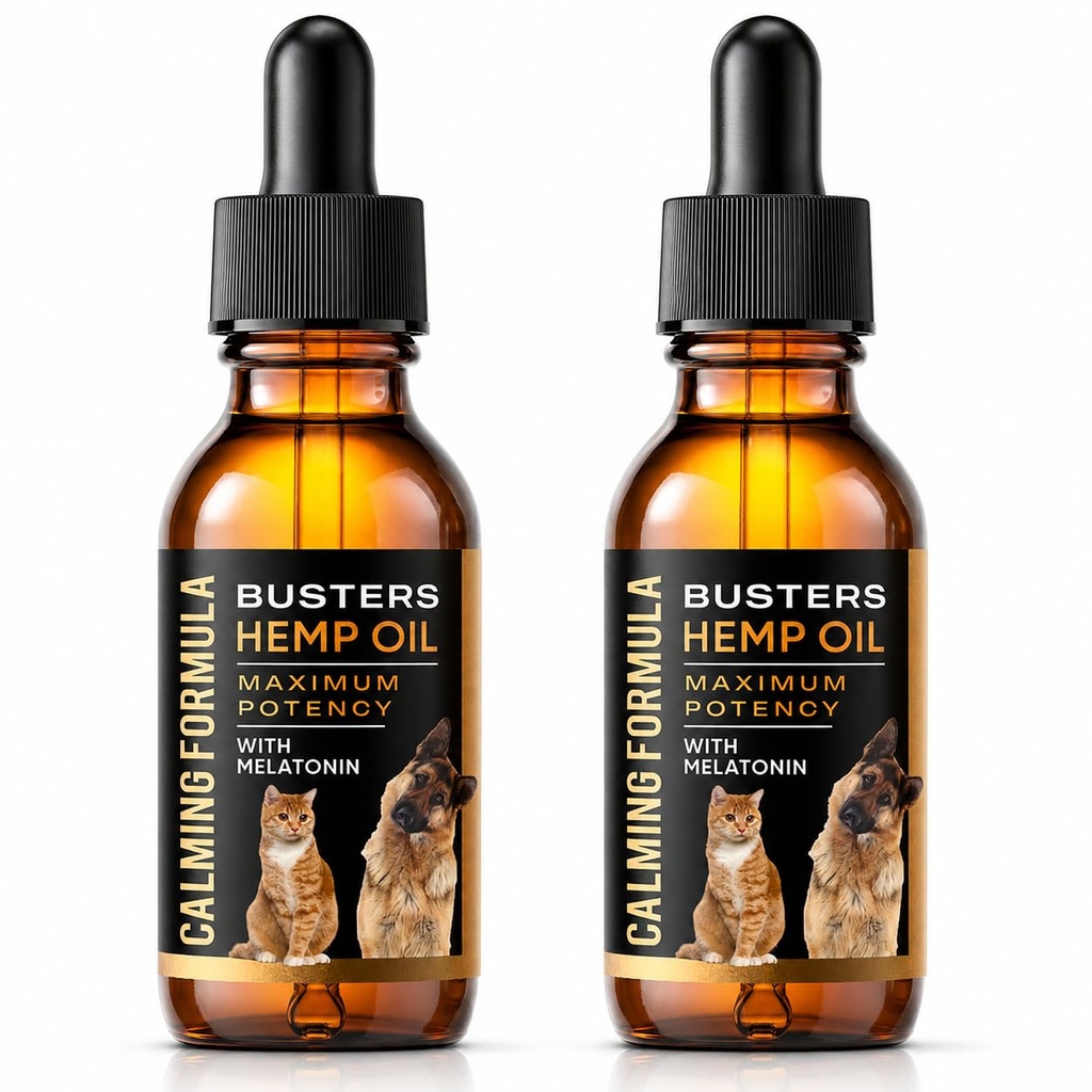 Buster's Cold Pressed Hemp Seed Oil for Dogs and Cats - Melatonin Calming Drops - 2-Pack Natural Pet Hemp Oil - Sleep Support Supplement