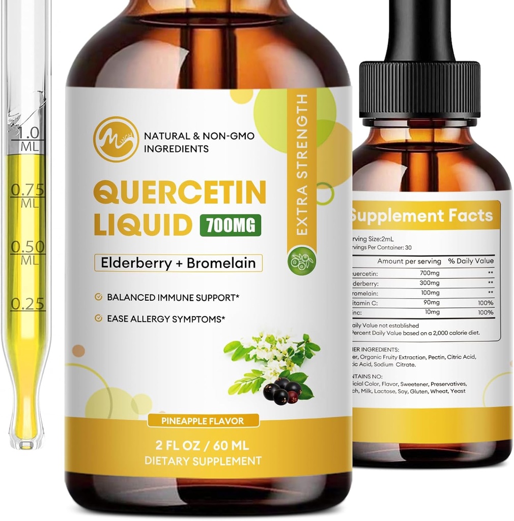 (2 Συσκευασία) Quercetin Υγρές σταγόνες - Quercetin Συμπληρώματα 700mg - 4X Ισχυρότερη Than χάπια & κάψουλες - 5 σε 1 Quercetin με Bromelain Elderberry Βιταμίνη για την Ανοσία Αναπνευστική ευεξία - 2 Fl Oz * 2