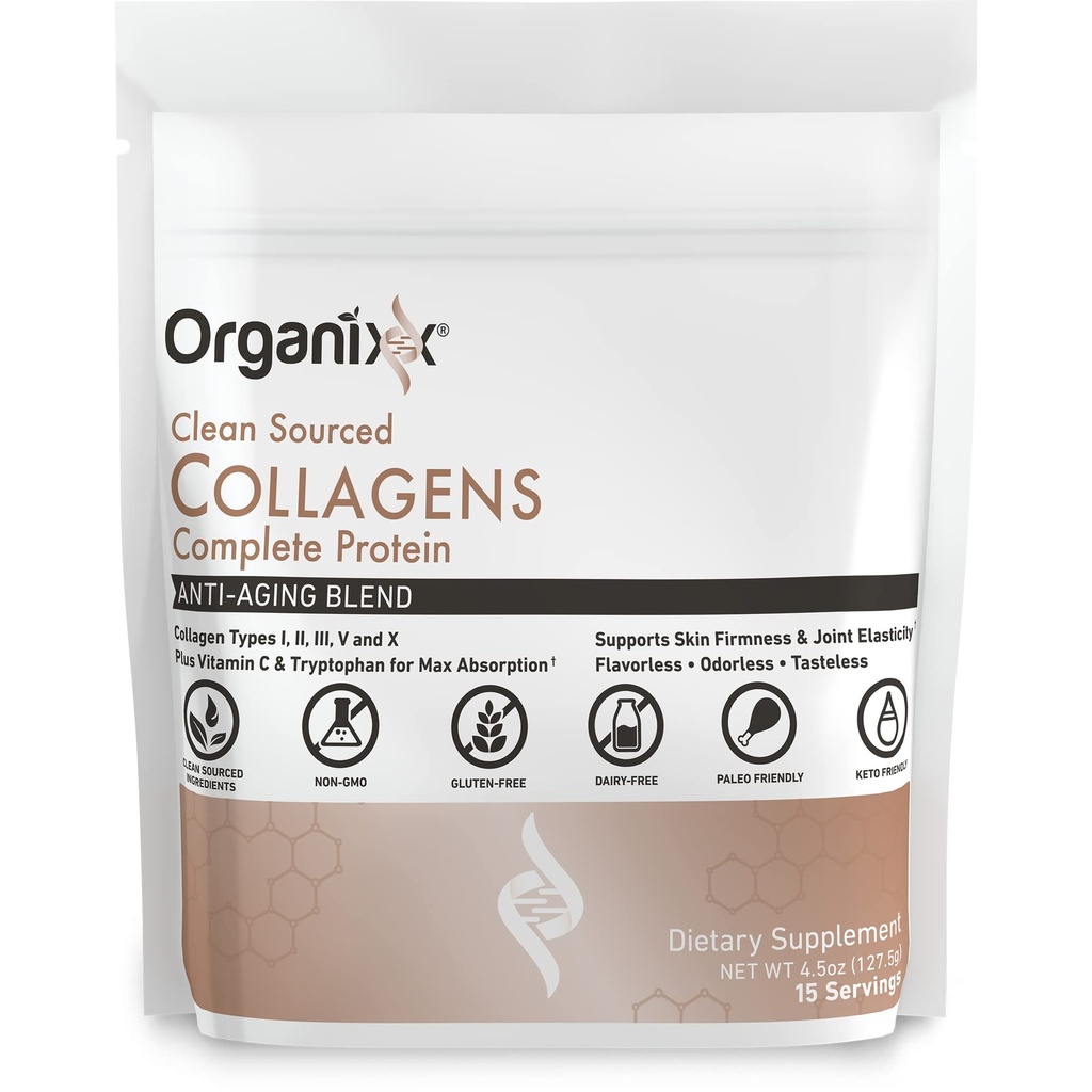 Organixx Collagen Peptides Σκόνη με βιταμίνη C, Τύποι I, II, III, V, X Hydrolyzed Collagen, Hair, Nail, Skin, Bone & Joint Health, Υποστήριξη γήρανσης, Καθαρή πηγή, Χωρίς γλουτένη, Χωρίς γεύση, 15 υπηρεσίες