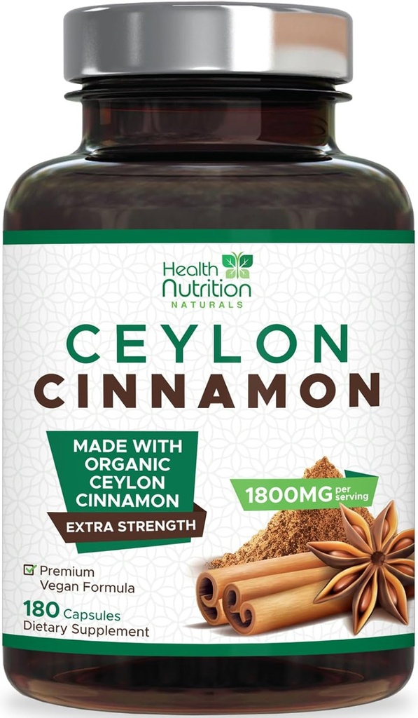Ceylon Cinnamon Capsules 1800mg - Certified Organic Ceylon Cinnamon Powder Supplement, Bottled in USA, Extra Strength Energy & Heart Support Pills, Non-GMO & Gluten Free, Sugar Free - 180 Capsules
