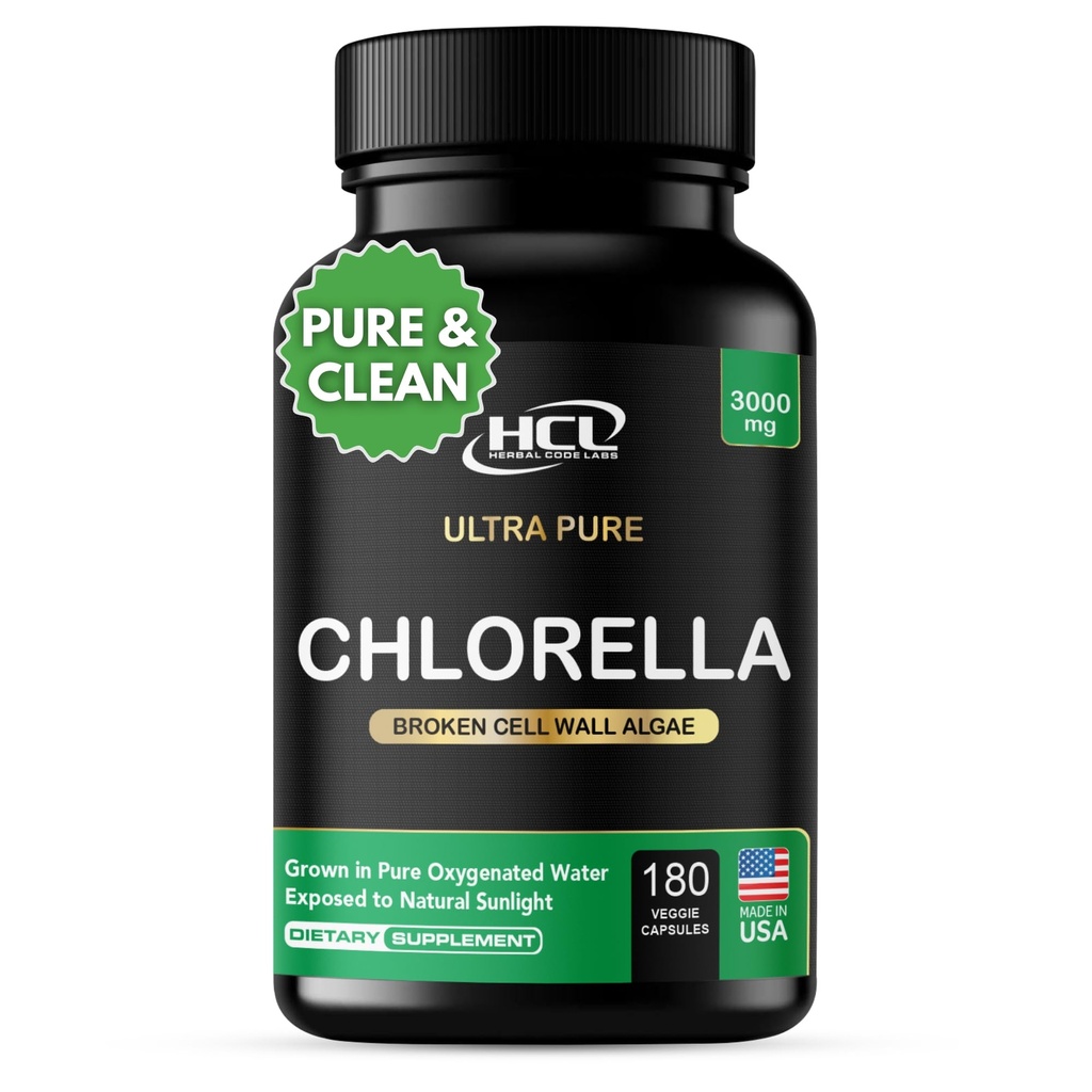 Chlorella Capsules 3000 mg - Cracked Cell Wall Blue Green Algae Supplement - Best Natural Detox Cleanse - Φυτικές Βιταμίνες Ορυκτά Χλωροφύλλη Vegan Protein Powder Pills - Made in USA