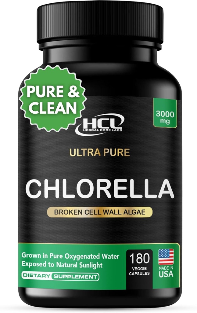 Chlorella Capsules 3000 mg - Cracked Cell Wall Blue Green Algae Supplement - Best Natural Detox Cleanse - Φυτικές Βιταμίνες Ορυκτά Χλωροφύλλη Vegan Protein Powder Pills - Made in USA