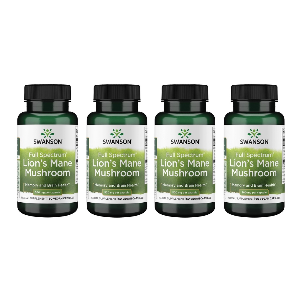 Swanson Full Spectrum Lion's Mane Mushroom - Συμπλήρωμα Υγείας εγκεφάλου για την υποστήριξη της μνήμης, εστίασης και σαφήνειας* - Μπορεί επίσης να βοηθήσει ανοσοποιητική, καρδιά & Digestive Υγεία - Χωρίς γλουτένη & μη GMO - 60 κάψουλες (4 πακέτο)