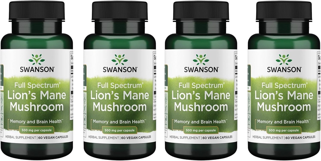 Swanson Full Spectrum Lion's Mane Mushroom - Συμπλήρωμα Υγείας εγκεφάλου για την υποστήριξη της μνήμης, εστίασης και σαφήνειας* - Μπορεί επίσης να βοηθήσει ανοσοποιητική, καρδιά & Digestive Υγεία - Χωρίς γλουτένη & μη GMO - 60 κάψουλες (4 πακέτο)
