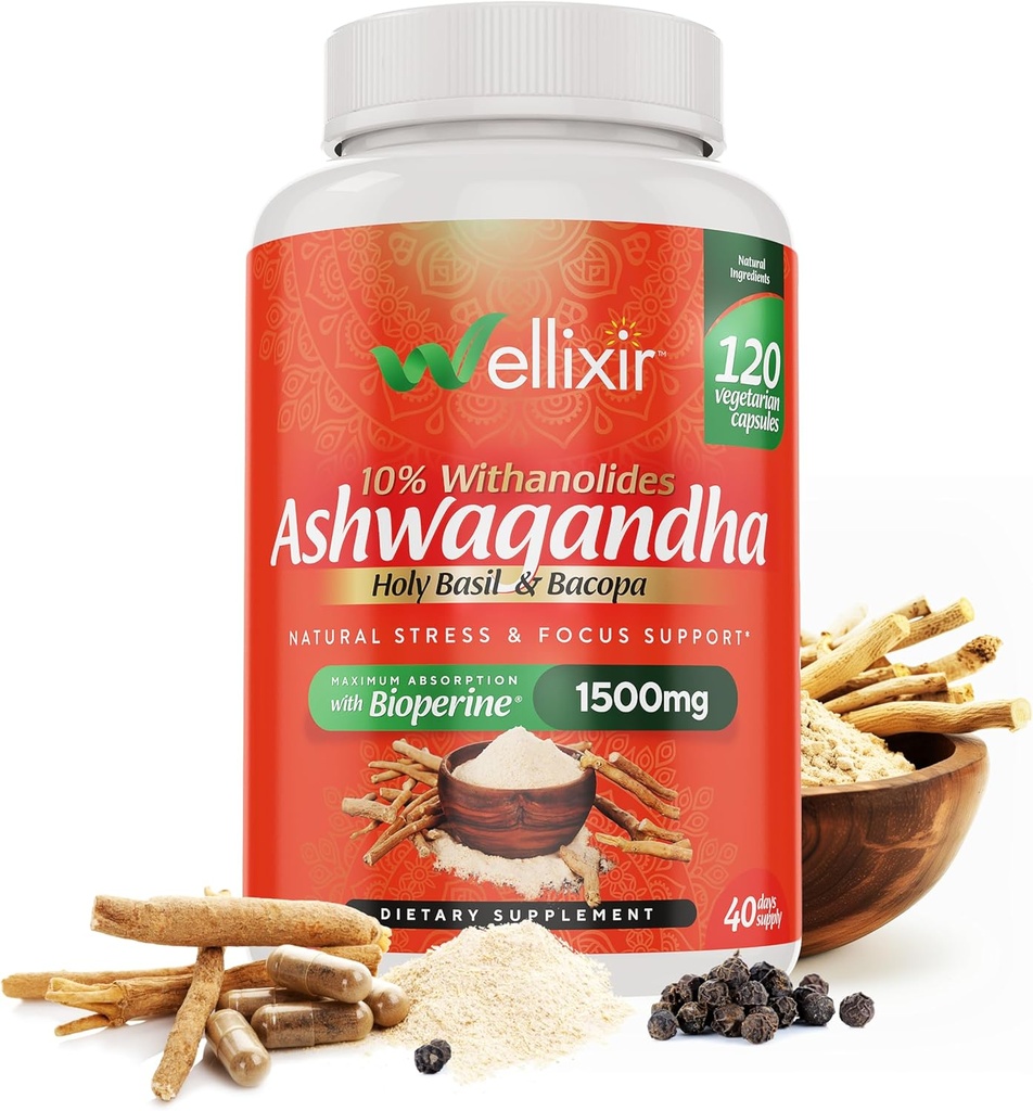 Κάψουλες Ashwagandha - 10% Withanolides, εκχύλισμα ρίζας σκόνης, συμπλήρωμα βοτάνων για να βοηθήσει την υποστήριξη ενός φυσικού στρες ανακούφιση, ύπνος, εστίαση - 1500mg, για άνδρες και γυναίκες -120 Count