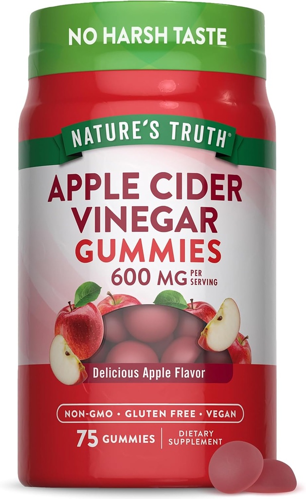 Nature's Truth Apple Cider Vinegar Gummies | 600 mg | 75 Gummies | Apple Flavor | Vegan, Non-GMO, Gluten Free Supplement