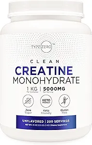 Τύπος Zero Creatine Monohydrate (Unflavored) 1 KG, 5000mg (5g) Per Serving, Micronized, Zero Sugar, Keto Friendly & Gluten Free, 200 Services