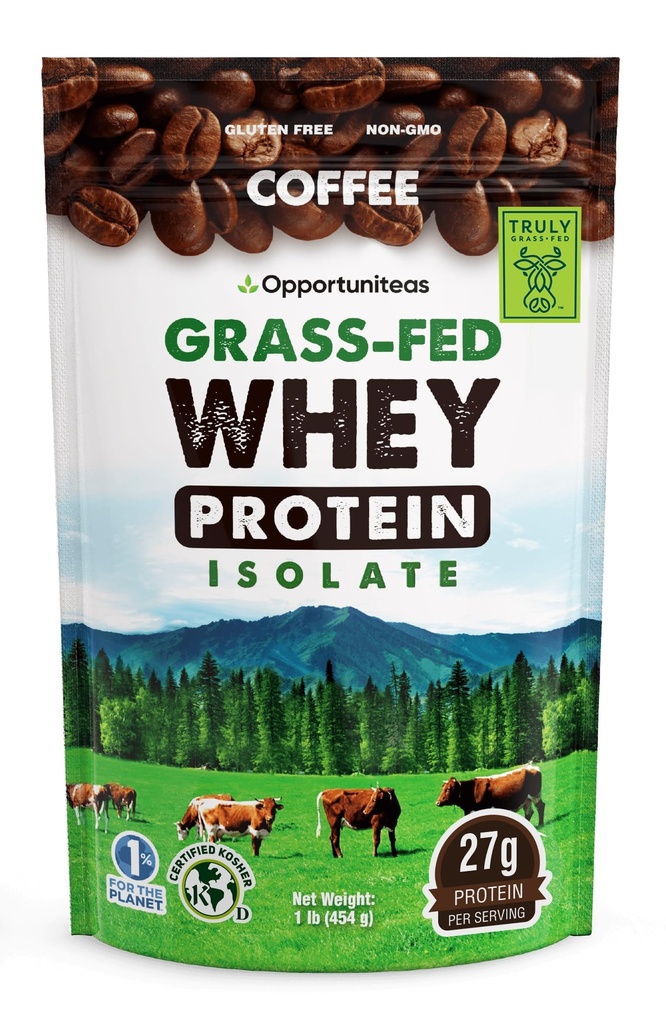 Opportuniteas Coffee Whey Protein Powder - Χαμηλό Carb & Keto Friendly - Grass Fed Whey Isolate + Κολομβιανός καφές - 60 mg καφεΐνη για την ενέργεια - Pre ή μετά την προπόνηση ποτό Mix, Latte, Shake & Smoothie 1lb