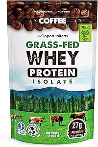 Opportuniteas Coffee Whey Protein Powder - Low Carb & Keto Friendly - Grass Fed Whey Isolate + Colombian Coffee - 60 mg Caffeine for Energy - Pre or Post Workout Drink Mix, Latte, Shake & Smoothie 1lb