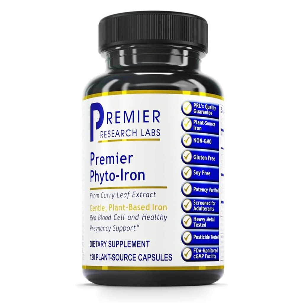 Premier Research Labs Phyto-Iron - Σίδηρος με βάση το φυτό για άνδρες & γυναίκες για την υποστήριξη του αίματος, Curry Leaves συμπλήρωμα, Συμπληρώματα σιδήρου, Μη-Heme σιδήρου, 18mg σιδήρου ανά υπηρεσία - 120 κάψουλες χορτοφάγων