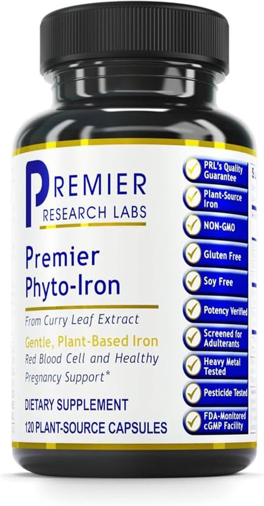 Premier Research Labs Phyto-Iron - Σίδηρος με βάση το φυτό για άνδρες & γυναίκες για την υποστήριξη του αίματος, Curry Leaves συμπλήρωμα, Συμπληρώματα σιδήρου, Μη-Heme σιδήρου, 18mg σιδήρου ανά υπηρεσία - 120 κάψουλες χορτοφάγων