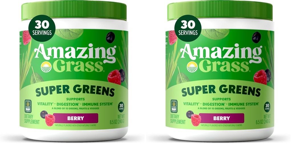 Amazing Grass Super Greens Powder,Organic,Greens Superfood Powder,Smoothie Supplements,Supports Digestion,Probiotics,Spirulina,Beet Root,Berry,30 Servings,8.5 Ounce (Packaging May Vary) (Pack of 2)