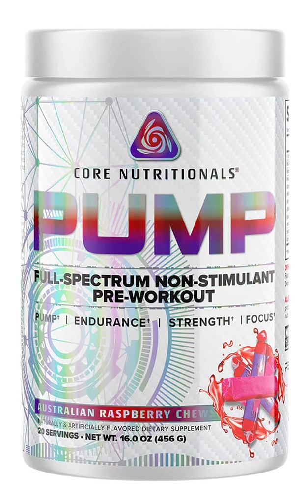 Core Nutritionals Αντλία Full-Spectrum Non-Stimulant Pre-Wortout, με N03T Nitrate, Peak02, Alpha GPC, για μέγιστη αντλία, δύναμη, και απόδοση 20 σερβίτσια (Austrailian Raspberry Chews)