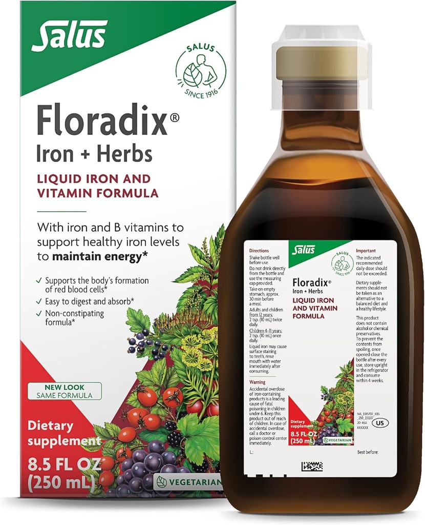 Floradix Iron & Herbs - Υγρό συμπλήρωμα βοτάνων για την ενεργειακή υποστήριξη - Συμπλήρωμα σιδήρου με βιταμίνη C & βιταμίνη Β Complex - για άνδρες & γυναίκες - 8.5 fl oz