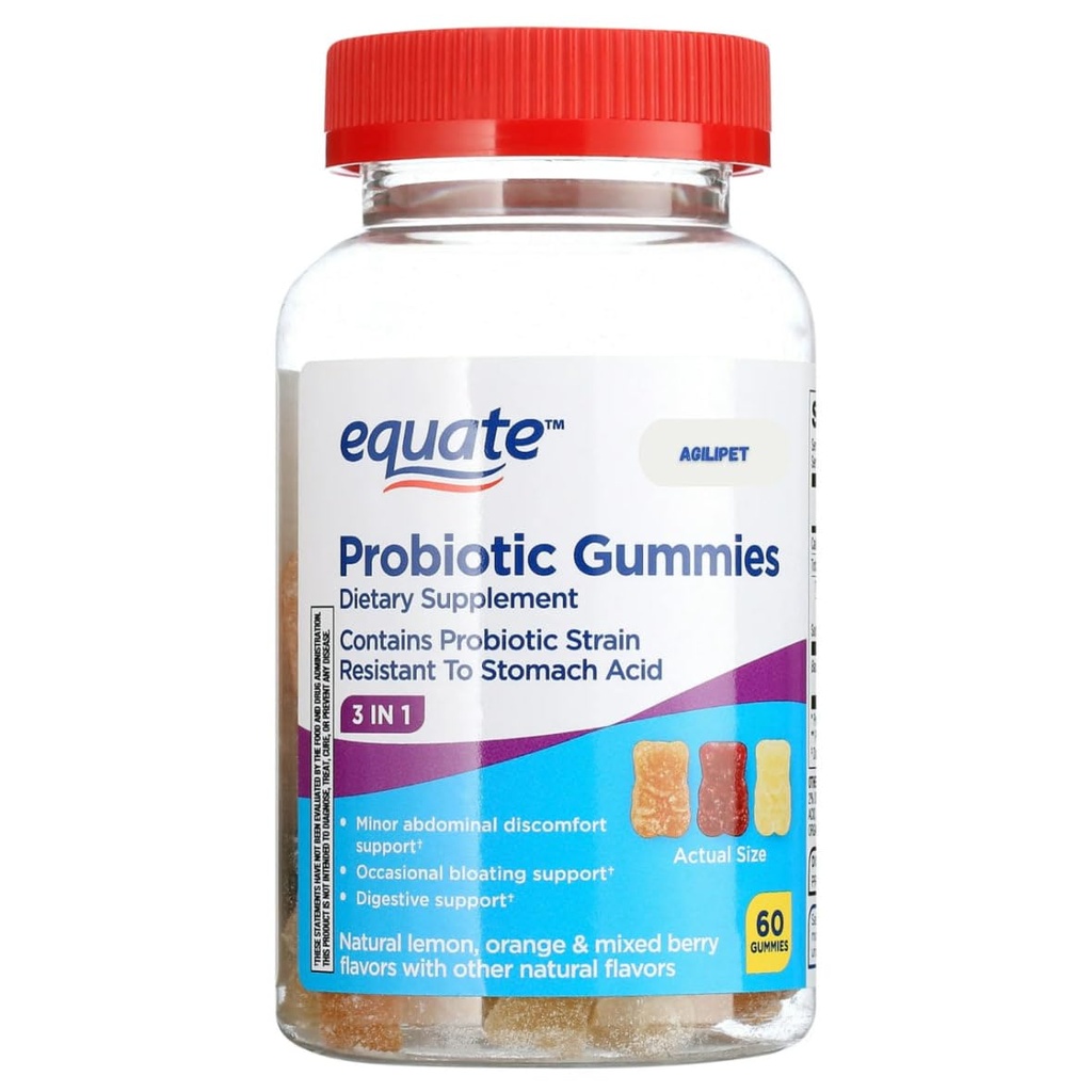 Equate 3-in-1 Probiotic Gummies with Bacillus Coagulans, Natural Fruit Flavors, 60 Count Sticker