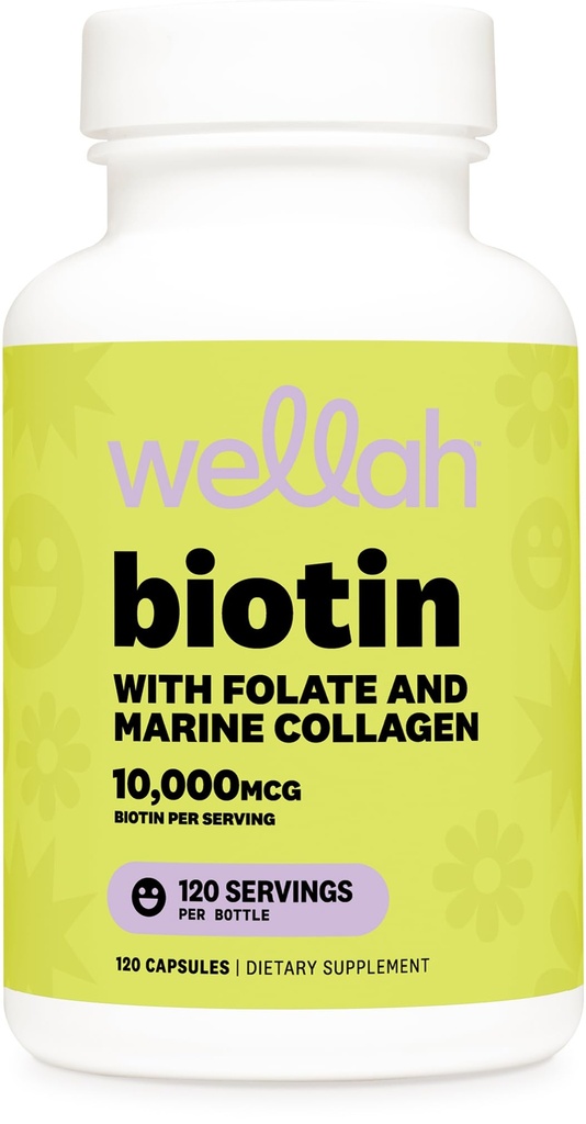Wellah Biotin for Women (10,000mcg) 120 Capsules - with Folate & Marine Collagen