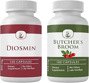 PURE ORIGINAL INGREDIENTS Diosmin and Butcher's Broom Bundle, 100 Capsules Each, Always Pure, No Additives or Fillers