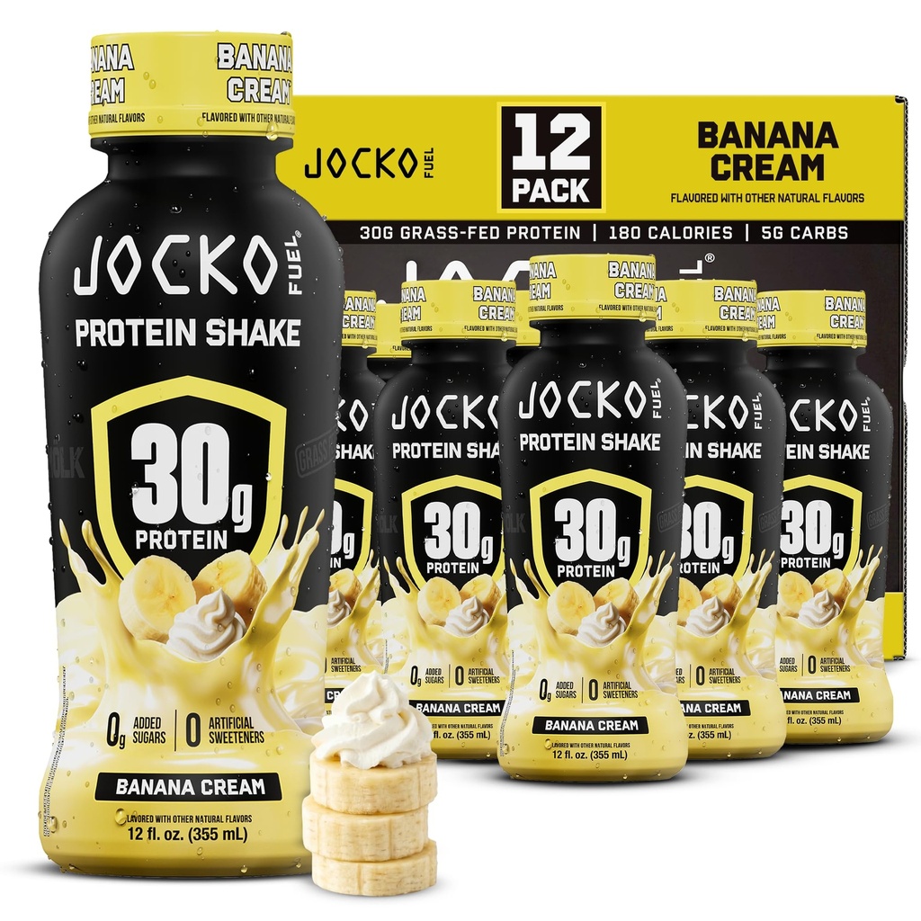 Jocko Mölk 30g Grass Fed Protein Shakes – No Added Sugar Protein Drinks KETO Friendly - Ready to Drink 12 FL Oz (Pack of 12) Banana Cream
