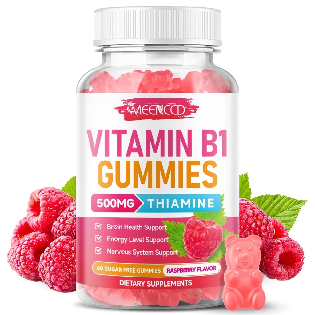 MEENCCD Vitamin B1 Gummies 500mg, Thiamine B1 Supplement Supports Energy Production, B1 Vitamin for Adults & Kids, Sugar-Free, Vegan, Raspberry Flavor, 60 Count