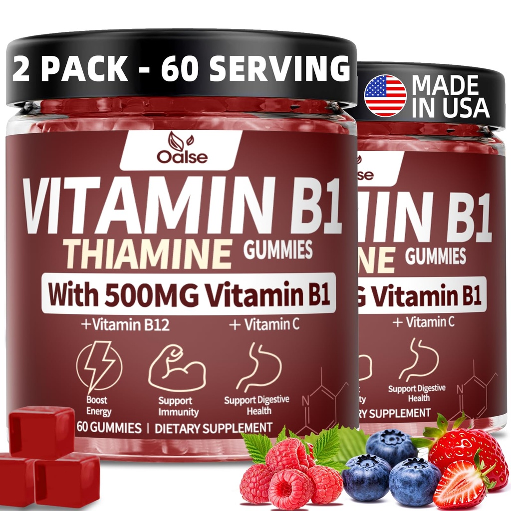（2 Pack） Thiamine Vitamin B1 Gummies - 500g Vegan Sugar Free Thiamine Supplement, with Natural Mixed Berries Flavor for Adults & Kids (120 Counts)