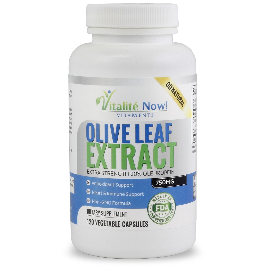 Vitalité Now! Super Strength Best Olive Leaf Extract (Non-GMO) - 20% Oleuropein - Immune Support Supplement - Up to 4 Months - 750mg Capsules - Vegetarian - 120 Count