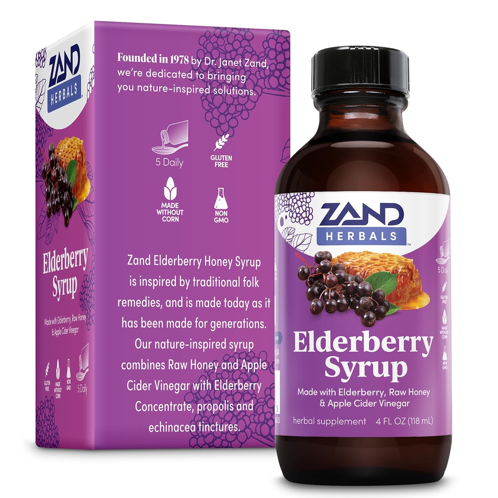 ZAND HERBALS Elderberry Syrup - Wellness Support with Organic Elderberry, Raw Honey, Apple Cider Vinegar, Propolis, Echinacea - Non-GMO, Gluten Free, 60-Day Guarantee, 23 Servings, 4oz