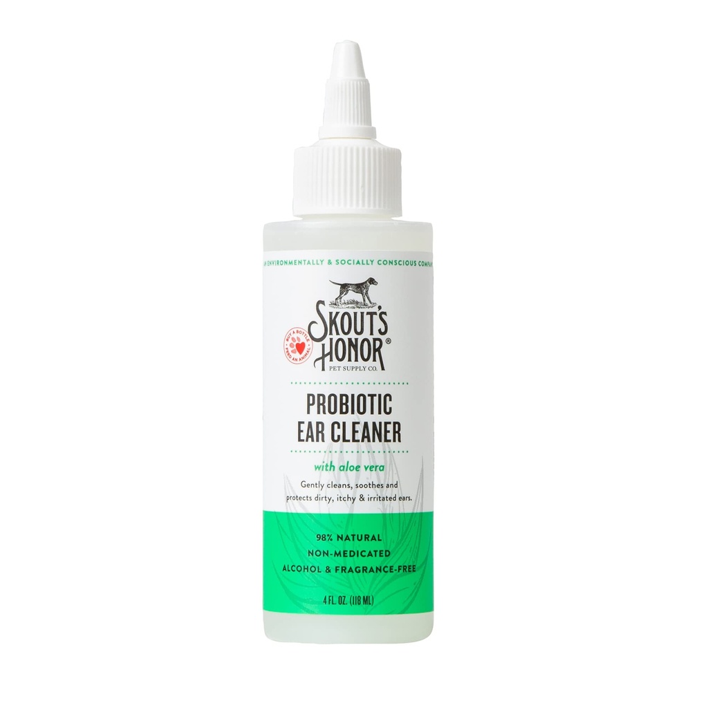 SKOUT'S HONOR Probiotic Dog Ear Cleaner Solution with Aloe Vera - Alcohol-Free, Fragrance-Free, Non-Medicated Ear Wash for Dogs - Microbiome Friendly Certified, 4 oz.,