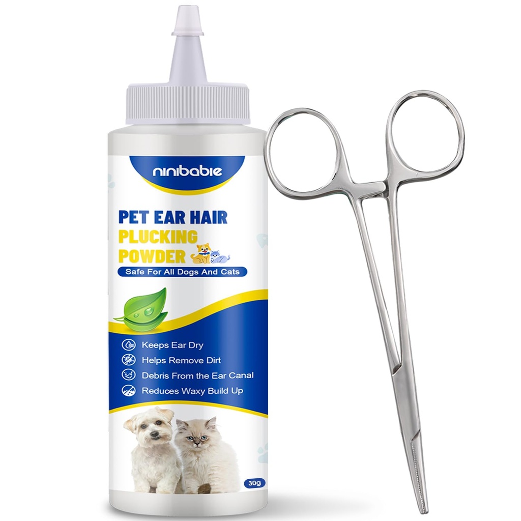 Upgraded Dog Ear Powder with 5.5 Inch Hair Removal Tool, Pet Ear Grooming Cleaner for Wax and Odor Control, Absorbs Moisture & Soothes Ears