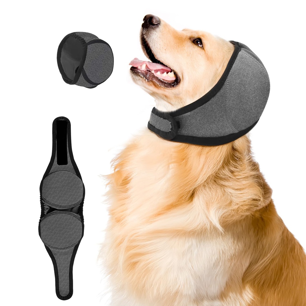 Upgraded Dog Ear Muffs for Noise Protection & Bath, No Shake EarWrap for Hematoma Prevention, Drying & Anxiety Relief, Elastic Waterproof Dog Ear Protector with Soundproof Sponge (Grey, Large)
