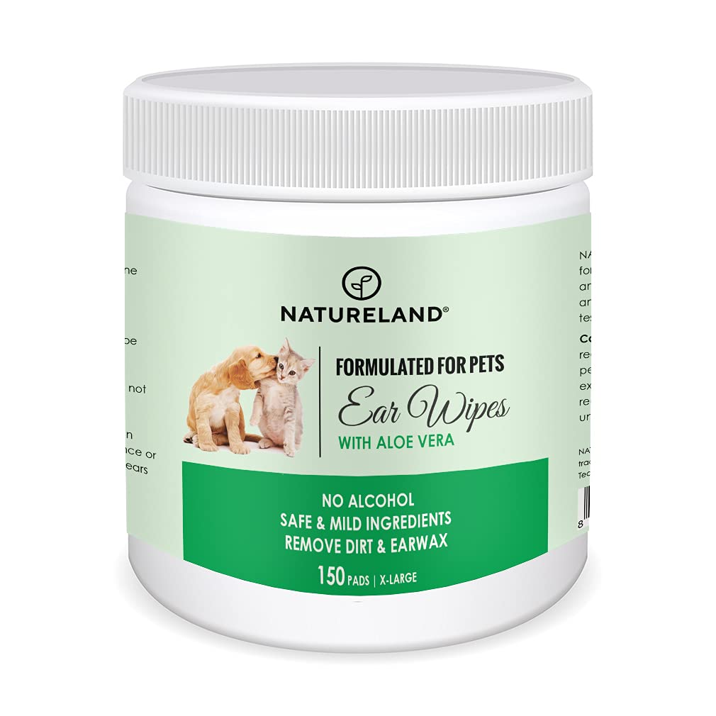 [150 pcs Extra-Large] Natureland Dog Ear Wipes - Extra Large Pads [170%] - Otic Cleaning Wipes for Infections and Controlling Ear Infections and Ear Odor in Pets