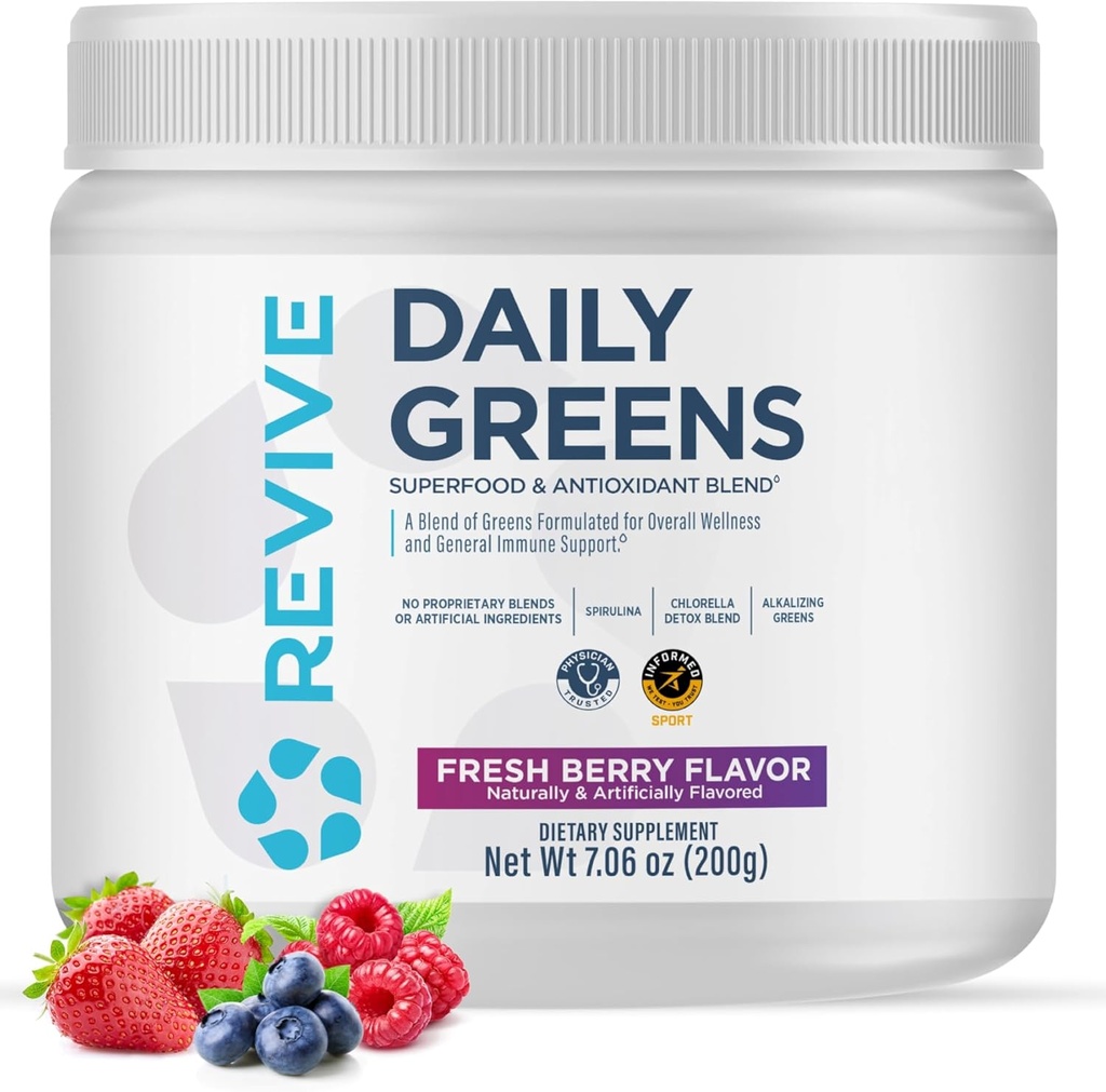 REVIVE MD Daily Green Powder Superfood (Fresh Berry) - Supergreens Powder to Support Energy Levels - Πράσινος Χυμός που Βελτιώνει την Πρόσληψη Ίνων - Λαχανικά Υποστηρίζει την Πέψη και την Υγεία των Ούλων