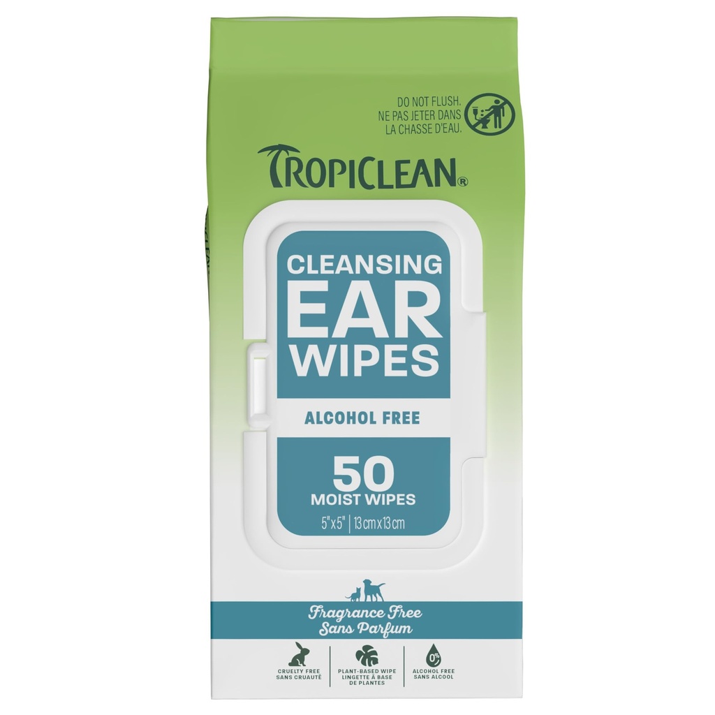 TropiClean Dog Ear Wipes, Dog Ear Cleaner, Soothing Itch Relief, Gently Removes Wax and Debris, Odor Eliminating, Safe for Daily Use, Cat Safe, 50ct.