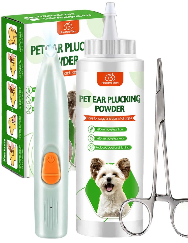 Dog Ear Powder Hair Removal Kit–Safe Grooming Set with 30g Ear Powder, LED Silent Trimmer & 5.5in Tweezers All-in-One Ear Care Solution for Dogs &Cats,Odor Control & Hygiene Support, Home Grooming Kit