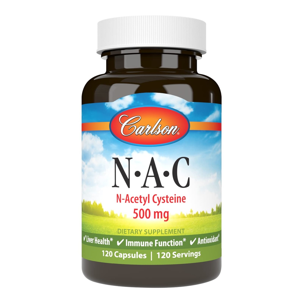 Carlson - NAC, N- Acetyl Cysteine, 500mg, Ηπατική Υγεία, Ανοσολογική Λειτουργία, Αντιοξειδωτικό, 120 κάψουλες χορτοφάγων