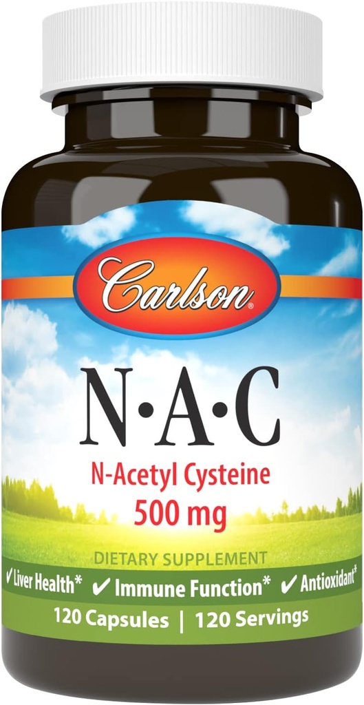 Carlson - NAC, N- Acetyl Cysteine, 500mg, Ηπατική Υγεία, Ανοσολογική Λειτουργία, Αντιοξειδωτικό, 120 κάψουλες χορτοφάγων