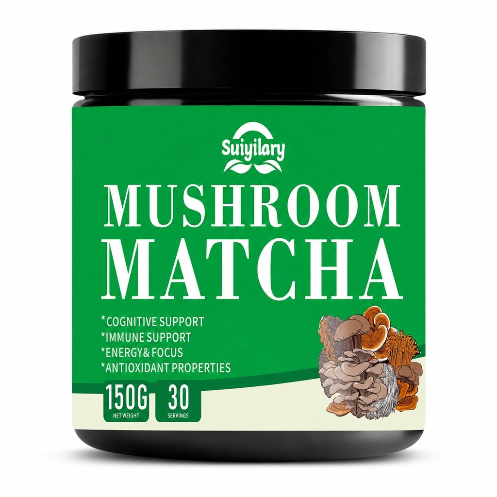 Suiyilary Mushroom Matcha, Ceremonial Matcha Tea Powder with 7 Superfood Mushrooms, Gluten Free, Taste Great Hot or Cold Matcha Latter - 150g 30 Serving