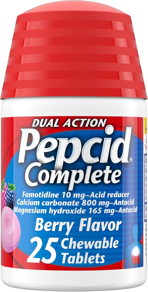 Pepcid Complete Acid Reducer + Antacid for Acid Reflux, 10mg Famotidine, 800mg Ασβέστιο Ανθρακικό & 165mg Μαγνήσιο Υδροξείδιο ανά Heartburn Medicine Tablet, Αντιόξινο Μασίφ, Berry, 25 ct