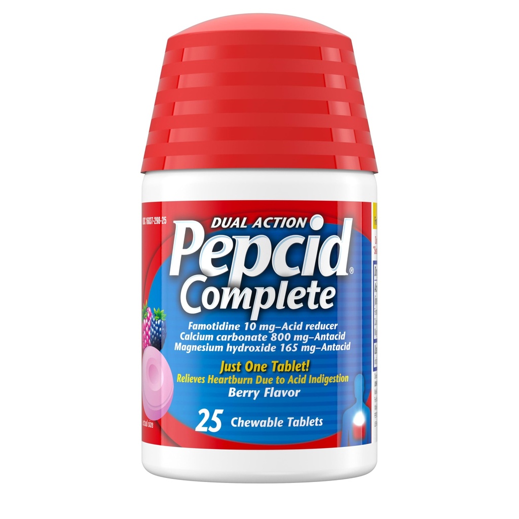 Pepcid Complete Acid Reducer + Antacid for Acid Reflux, 10mg Famotidine, 800mg Calcium Carbonate & 165mg Magnesium Hydroxide per Heartburn Medicine Tablet, Antacid Chews, Berry, 25 ct
