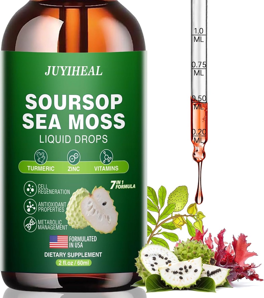 7-σε-1 Soursop Graviola με υγρές σταγόνες Sea Moss, Soursop Bitters ρευστό πλούσιο σε πολυβιταμίνη για Digestive Antioxidant, ανοσοενίσχυση, υποστήριξη & αναγέννηση κυττάρων, 2 Fl Oz