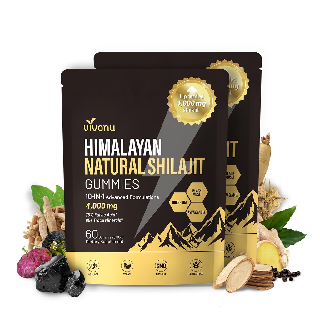 HimalayanSS Shilajit Gummies with Ashwagandha & Gokshura | 85+ Trace Minerals & Fulvic Acid | Organic, Non-GMO Micronutrient Supplement for Men & Women
